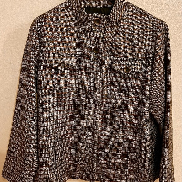 Chicos Blazer Coat Women Brn Tweed Plaid Button Band Collar Pocket Structure Sz3 - Picture 2 of 12